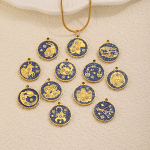 Nuevos Colgantes Geométricos Redondos de Moda en Oro de 18k, Dijes de Acero Inoxidable con Esmalte por Goteo DIY de los 12 Signos del Zodíaco para Collar y Pulsera - Product Image 2