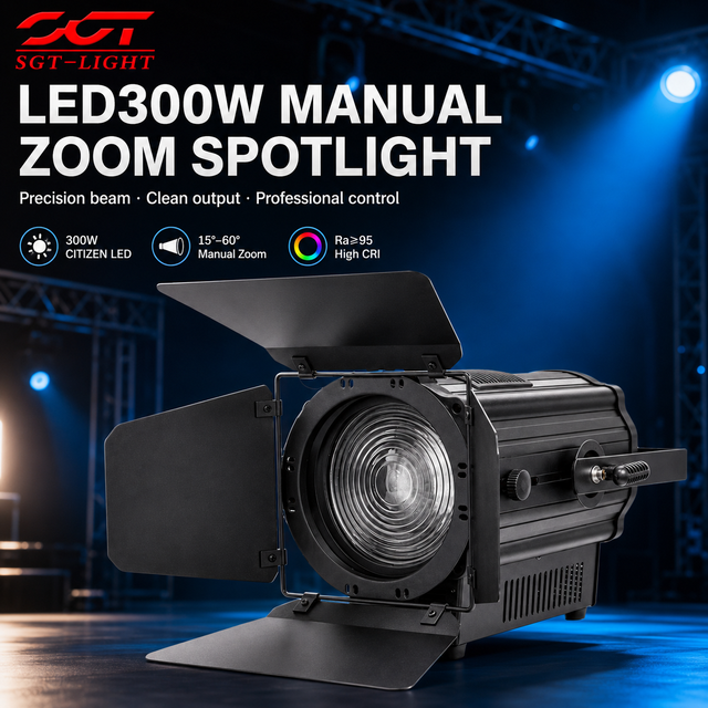 300W LED Studio Fresnel Light Manual Focus 15-60 Zoom High CRI R9 R15 LCD Display Silent Cooling DMX Fixture for Church Hall