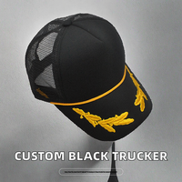 Topi Trucker Kapten Busa Daun Oak Tali Emas Bordir 3D, Logo Kustom Hitam 5 Panel Jaring Snapback Outdoor Hip Hop Memancing