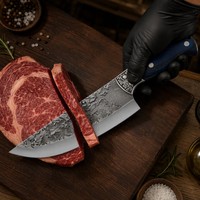 Couteau de Chef Vintage en Acier Martelé à Lame Large, Manche en Bois Pakka Bleu Ardoise, Manche Entier, Étui en Cuir, pour Droitier, Cuisine et Culinartie