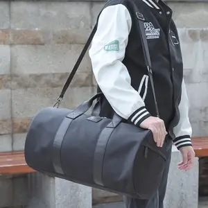 Luxury Custom Full Emboss Logo Men Black Cowhide Genuine Leather Waterproof Weekender Overnight Travel Duffel Bag For Trip