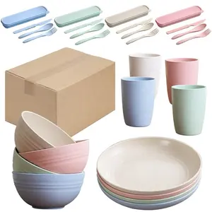 Wheat Straw Tableware Set Food Container for Kids Wheat Straw Dinnerware Sets Hot Sale 28 PCS /set Camping Biodegradable