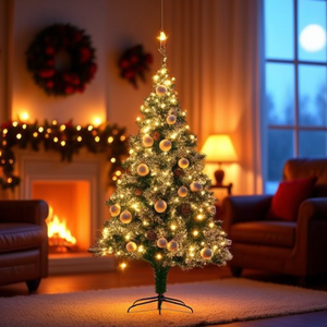 Sapin de Noël artificiel pré-éclairé 70,9 pouces en PVC vert avec ensemble de boules, lumières LED chaudes, base autoportante pour intérieur, léger et facile à assembler - Product Image 2