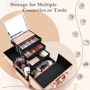 Aluminum Nail Tech Storage <b>Case</b> with Mirror 3 Trays Design <b>Makeup</b> Box Large Capacity Beauty Cosmetic Organizer Box Brush Holder - Product Image 2