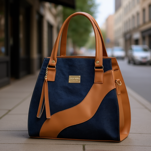 Sac fourre-tout en jean pour femme Fana Hera, bleu et marron, motif géométrique, fermeture à rabat, doublure en tissu doux, style à poignées, usage quotidien décontracté - Product Image 2