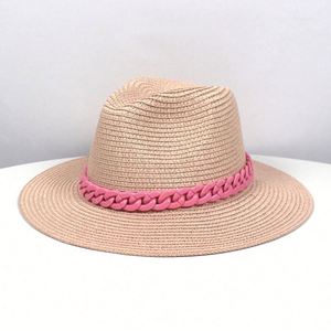 Wholesale Female Summer Sun <b>Straw</b> <b>Hats</b> Jazz <b>Hat</b> Beach <b>Straw</b> Panama Fedora <b>Hat</b> with Chain - Product Image 5