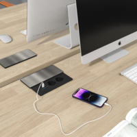 Module d'alimentation de table avec couvercle coulissant, 2 prises EU, 1 chargeur USB-C, personnalisable pour usage commercial et bureautique