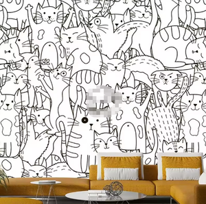 Kertas dinding kartun kamar anak laki-laki perempuan, kertas dinding kucing tanpa kelim kain tidak ditenun - Product Image 1