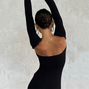 Pantalones de punto de una pieza para mujer, cuello cuadrado, manga larga, alta elasticidad, ropa informal, longitud completa, color blanco - Product Image 4