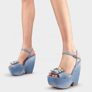 Bright Satin Square Pearls Ornament Thick Platform Shoes Women's Outdoor High Wedge Heels Modern <b>Open</b> Toe Denim Sandals - Product Image 2