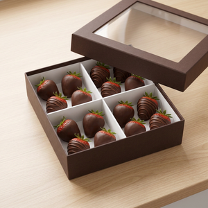 Boîte cadeau carrée en carton rigide brun chocolat avec couvercle à fenêtre et 4 compartiments séparateurs pour emballage alimentaire - Product Image 4