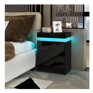 Modern <strong>Bedside</strong> <strong>Table</strong> with 3 Drawers <strong>High</strong> Gloss Nightstand Cabinet Black <strong>Bedside</strong> Cabinet <strong>Tables</strong> with LED Light for Bedroom - Product Image 2