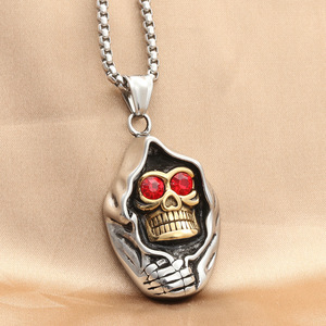 Colgante de calavera de acero inoxidable con ojos de cristal rojo, collar retro punk para hombre, regalo de joyería de moda - Product Image 4
