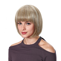 Perruque complète en cheveux naturels sans lacet, style bob, fabrication à la machine, courte, couleurs mélangées blond et brun, modèle 024