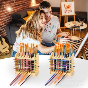 Wooden Paintbrush Holder <b>Desktop</b> Organizer Solid Wood Storage Rack For Art Supplies Painting Tools - Product Image 1