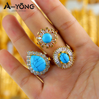 En stock, vente en gros, bagues en or 21 carats avec pierre turquoise, bagues de mariage de luxe en turquoise et zircon pour femmes