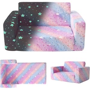 Children's <b>Sofa</b> Double Seat Pink Foldable Velvet With Stars For <b>Kids</b> Reading Corner Nap Chair - Product Image 5