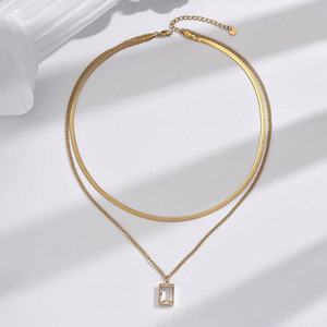 Collier double couche en acier inoxydable plaqué or, tendance rétro, avec grand pendentif en pierre précieuse, luxe léger, pour femme - Vente chaude - Product Image 1