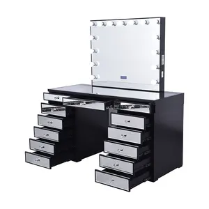 Hottest Style Mirror 13 Drawers Cheapest Makeup Station Vanity Table With Lighted Mirror