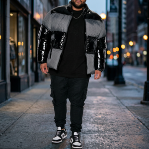 Chaqueta de Invierno para Hombre, Acolchada, con Cuello Alto, Bloques de Color, Recubrimiento de PU, Resistente al Viento, Estilo Urbano, Corte Regular, Cierre de Cremallera, Aislamiento Grueso - Product Image 1