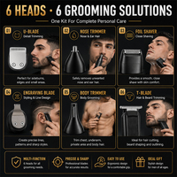 Kit de toilettage pour homme MRY 6 en 1, tondeuse à barbe, tondeuse à cheveux, rasoir à grille, tondeuse à poils de nez, tondeuse corporelle, rechargeable par type C, IPX6