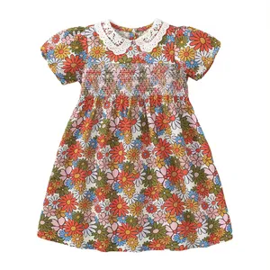 2024 New Design Wholesales Kids Girls smocked Dress Vintage lace collar Children floral dress