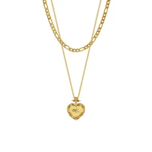 Waterproof & Tarnish Free 18K Gold Plated Trendy Jewelry Figaro Chain Heart Stainless Steel Necklace