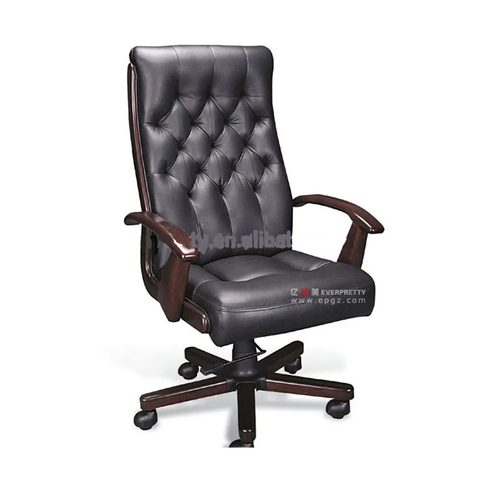 Comoda sedia da ufficio direzionale dal Design ergonomico in vera pelle con braccioli in legno massello per Manager o capo