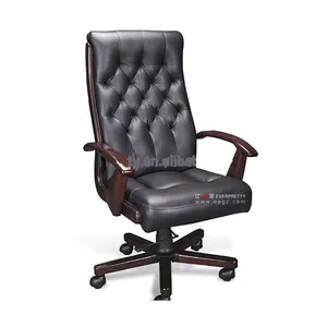 كرسي مكتب تنفيذي مريح من الجلد الطبيعي بتصميم مريح مع مسند ذراع من الخشب الصلب للمدير أو المدير