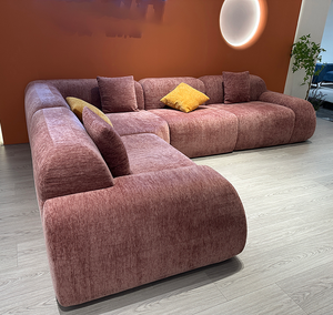Canapé modulaire incurvé, <span class=keywords><strong>convertible</strong></span>, rembourré, en velours rose poussiéreux, en forme de L, moderne, avec coussins doux, couleur contrastée - Product Image 4