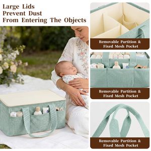 Panier de rangement pour chambre d'enfant en velours côtelé menthe de qualité supérieure avec séparateurs amovibles et poignées, organisateur de couches portable - Product Image 6