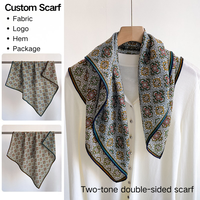 Écharpe carrée imprimée de style européen rétro avec un motif floral géométrique symétrique en twill pour femmes