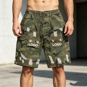 Pantalones cortos para hombre con logo personalizado, pantalones cargo de camuflaje, pantalones cortos Bermuda de lona rasgados de cintura media para hombre, pantalones cortos casuales transpirables para hombre - Product Image 2
