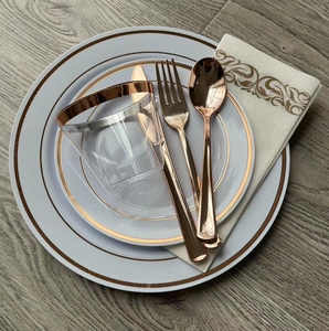 Ensemble de vaisselle en or rose de 150 pièces-25 ensembles d'assiettes à dîner en plastique jetables à bord en or rose pour mariage - Product Image 2