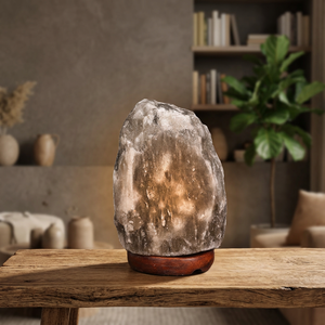 Lampe en sel de l'Himalaya gris artisanale de qualité supérieure OEM, 100 % naturelle, avec base en bois, pour la maison - Product Image 1