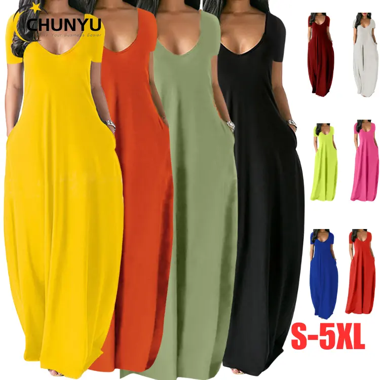 Women's Plus Size Casual Loose Sundress Solid Crewneck Short Sleeve Flowy Summer Maxi Dresses with Pockets
