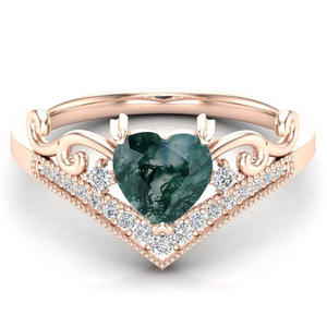 Bague de Fiançailles Vintage pour Femme en Argent 925 Plaqué Or, Sertie d'Agate Mousse Taillée en Cœur, Diamants Pavés, Certifiée pour Mariage et Fêtes - Product Image 1