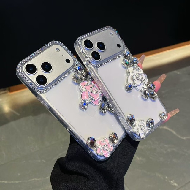Luxury INS Style 3D Diamond Rose Flower Phone case for iPhone 14 15 16 17 Air Pro Max Transparent Shockproof Protective case