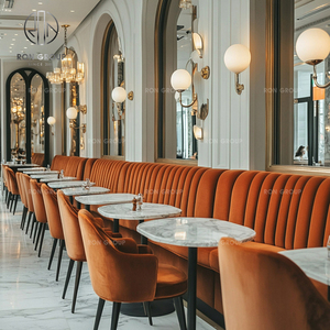 Juego de Muebles Modernos para Cafetería, Restaurante, Sofá de Terciopelo Naranja con Respaldo Acolchado y Mesas Cuadradas con Tapa de Mármol - Product Image 5