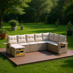 Conjunto de Sofás Modulares de Jardín en Poliratán Beige, 6 Plazas, Muebles de Exterior de Diseño Moderno - Product Image 2