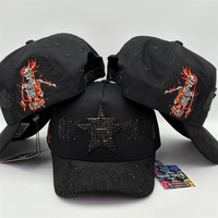 Casquette de camionneur streetwear noire avec logo étoile en strass et broderie flamme squelette pour hommes et femmes