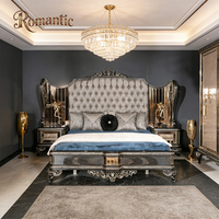 Luxuriöses Türkisches Kingsize-Bett Graues Gepolstertes Kopfteil aus Massivholz Klassisches Schlafzimmermöbel Villa Hotel Bettgestell
