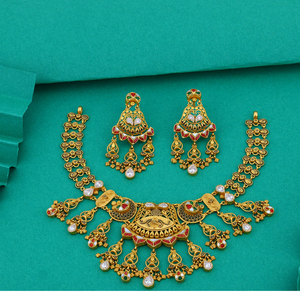 Grand traditional gold <b>necklace</b> set with intricate filigree and dangling motifs <b>statement</b> bridal jewelry with matching earrings - Product Image 1