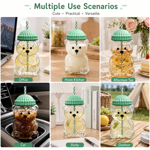 Hot Selling Glass <b>Bottle</b> With Silicone Lid No BPA <b>Bear</b> Shape Cup Green Waterproof Custom Logo <b>Bear</b> <b>Bottle</b> Silicone Cover - Product Image 2