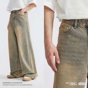 Yeni Trendy Vintage sarı Stonewashed geniş bacak kot erkekler için gevşek düz ODM çift pantolon sokak Y2K örme karşılamak Denim - Product Image 3