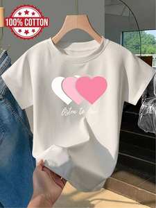 T-shirt décontracté élégant pour femme, imprimé cœur rose, col rond, manches courtes, 100% coton, printemps-été, tailles S-XXL - Product Image 3