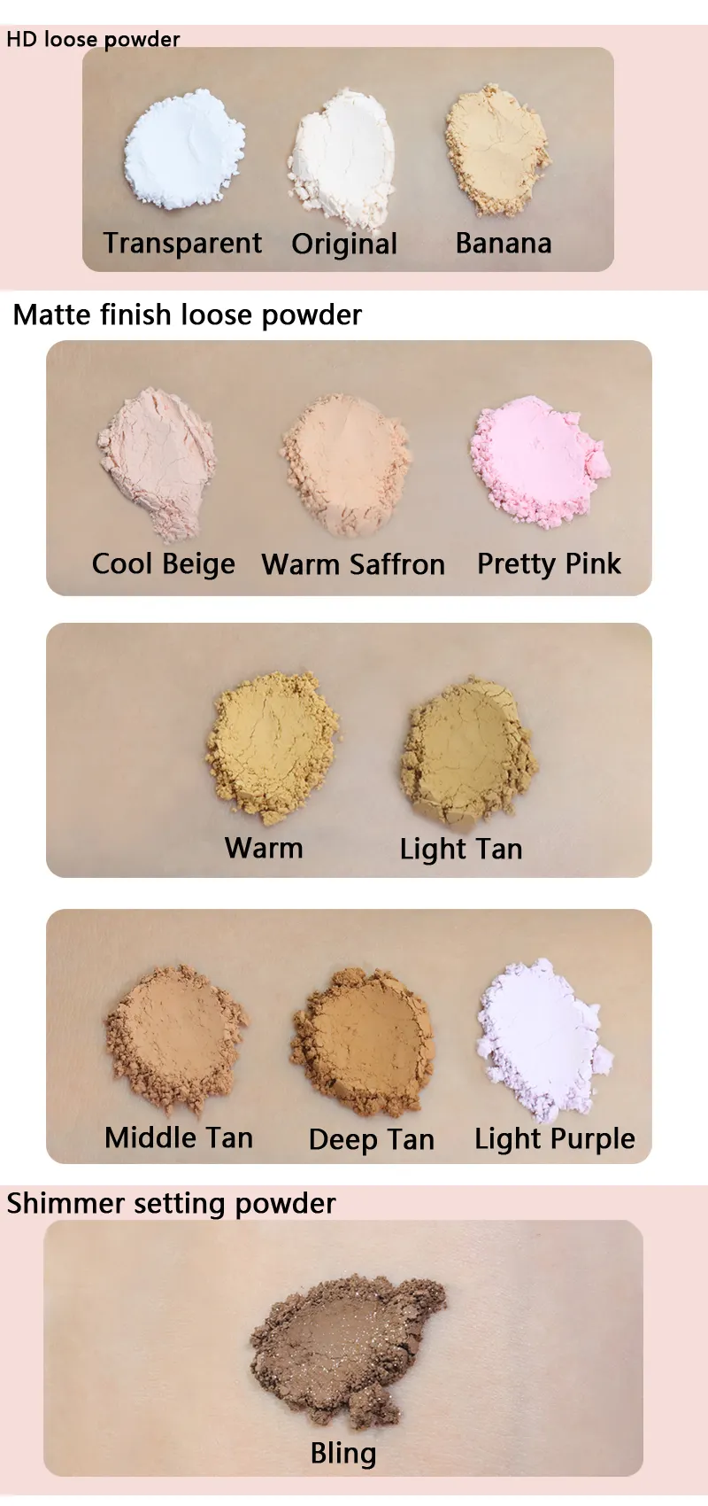 low moq matte waterproof cosmetics makeup private label vegan pink loose setting powder