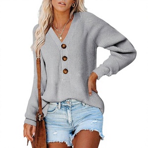 Women V-neck Button Knit Sweater Long Sleeve Pullover Ribbed Casual Autumn - Product Image 4