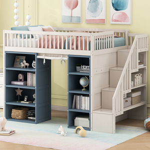 Cama alta infantil con estantería de almacenamiento y escalera, muebles de dormitorio en color blanco y azul para niños - Product Image 2