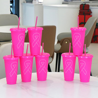 Gobelet isotherme réutilisable 24oz avec ruban rose pour la sensibilisation au cancer du sein, avec paille, double paroi, couvercle en plastique PP, style épuré, tasse droite
